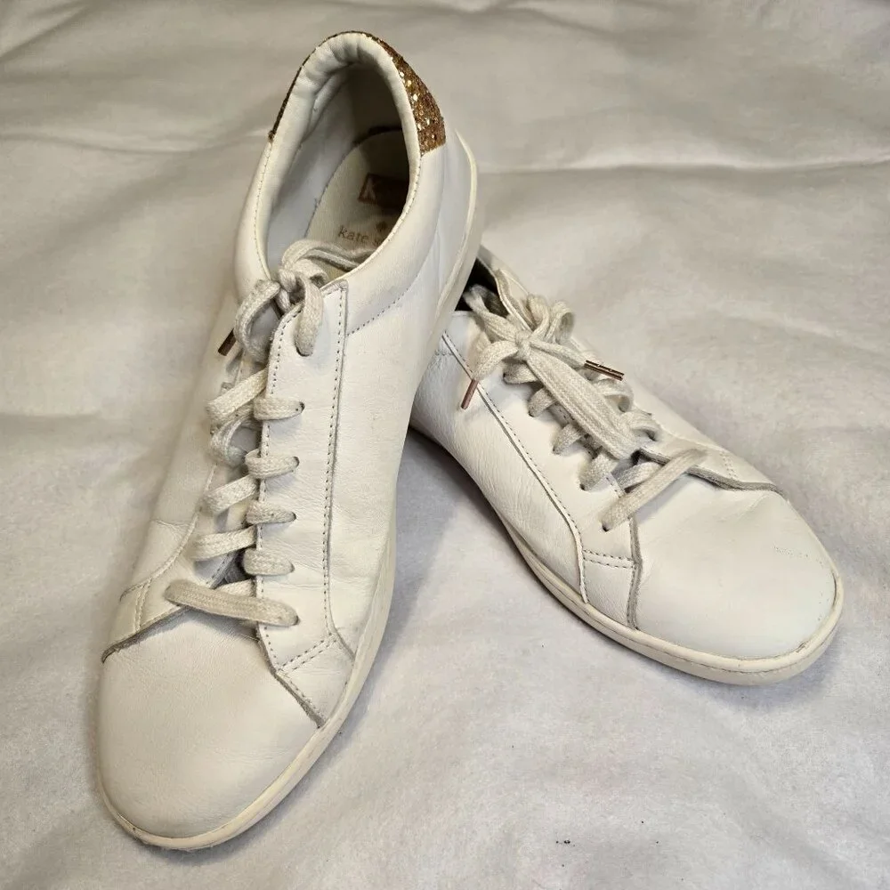 Keds For Kate Spade White Leather Sneakers Shoes Rose Gold Glitter Women's‎ Size